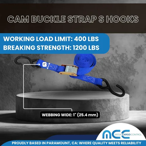Vista 2 de Mega Cargo Control - Hebilla de leva resistente de 1" x 6' con ganchos S recubiertos de negro - WLL 400 lbs. Paquete de 4