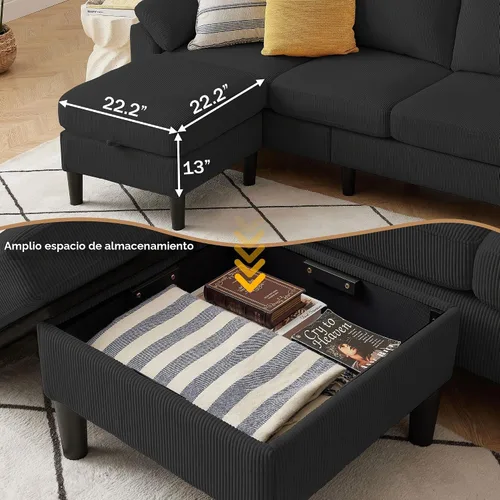 Vista 5 de Juego de sofá de pana de 3 piezas para sala de estar con sofá, otomana de almacenamiento y silla individual