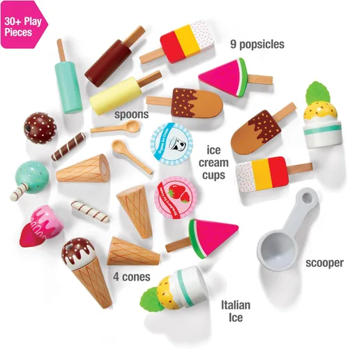 Vista 3 de Juego de camión de helados de madera - 20 piezas de juguetes divertidos incluyendo congelador, volante, fregadero y lámina de pegatinas para niños