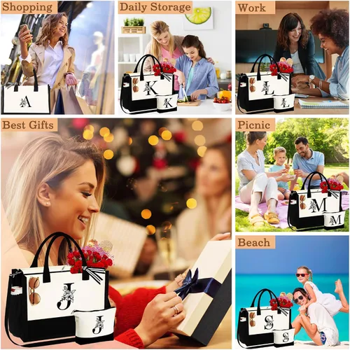 Vista 6 de Regalos de cumpleaños para mujeres y ella, bolsa de lona con monograma, bolsa de maquillaje, regalos personalizados para profesores, amigas