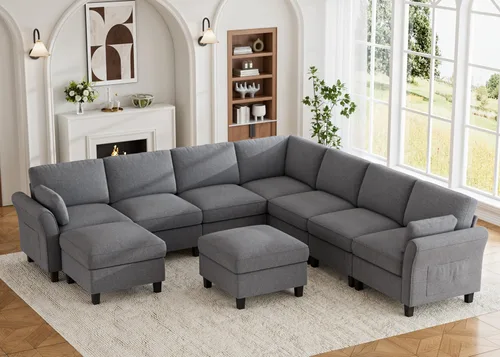 Vista 11 de Legend Vansen Sofá modular seccional, cómodo sofá modular en forma de U de 6 asientos con espacio de almacenamiento y diván, sofás seccionales Crema