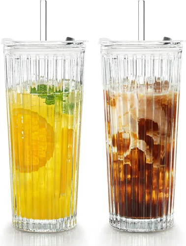 Vista 8 de Puraville Paquete de 2 vasos de vidrio de 18 onzas con tapas y pajitas, cristalería gruesa con patrón de diamante vintage para whisky, cóctel
