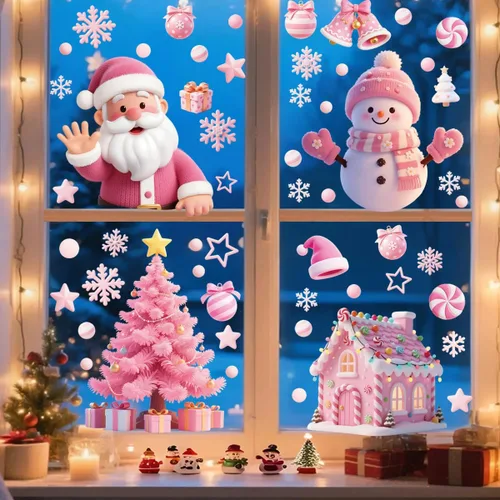 Vista 9 de 121 calcomanías de Navidad rosas para ventanas, Papá Noel, árbol de Navidad, copo de nieve, muñeco de nieve, ciervo, calcomanías de doble cara