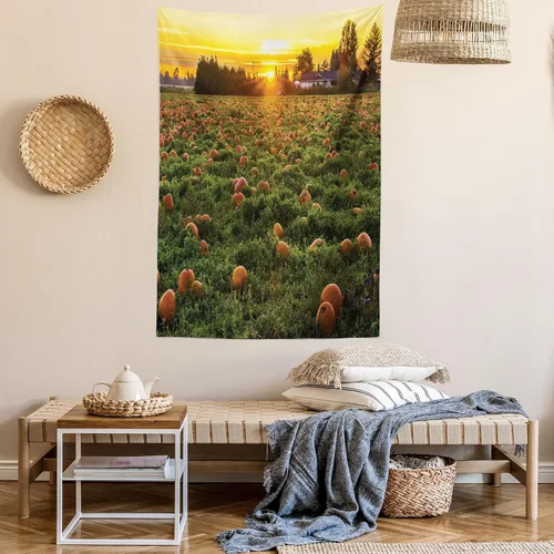 Vista 6 de Ambesonne Tapiz de calabaza de otoño, tamaño Queen, foto temática de agricultura de otoño, parche de frutas de temporada al atardecer, colcha