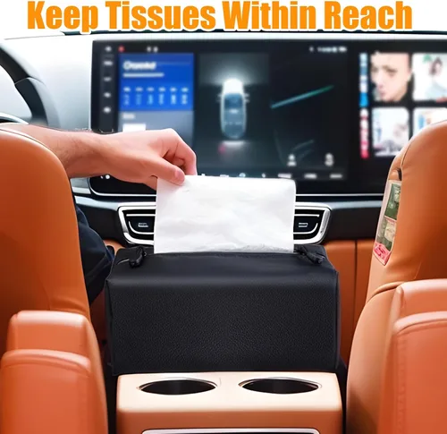 Vista 3 de Car Tissue Holder for 120-160-230 Count Kleenex Facial Tissues Box - Waterproof Zipper Cover, Soft Black Leather with Adjustable Strap, Ideal for