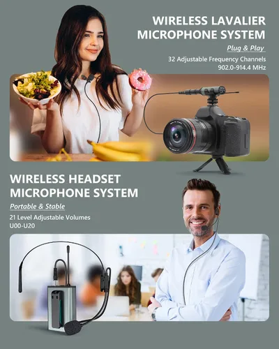 Vista 3 de ttstar - Sistema de micrófono inalámbrico con micrófono de auriculares/soporte/lavalier con transmisor recargable de cuerpo y receptor para altavoz