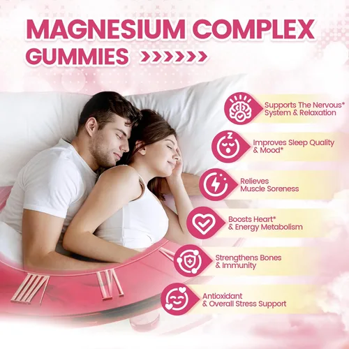 Vista 2 de Complejo de magnesio 14 en 1 para mujeres y hombres, 2600 mg por porción, gomitas de sabor fresa con glicinato de magnesio, CoQ10, vitamina D3 K2
