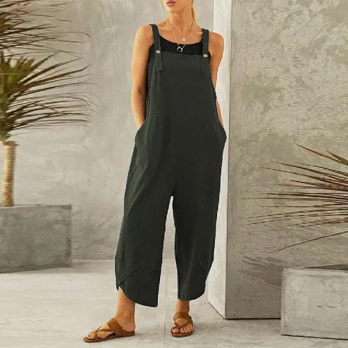 Vista 3 de Overol de verano para mujer, overol de pierna ancha, informal, holgado Verde militar