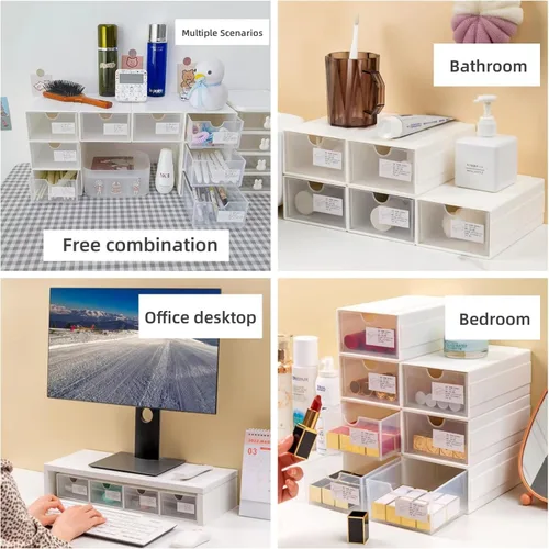 Vista 9 de Feadily Paquete de 4 cajas de almacenamiento de plástico para escritorio con cajones transparentes, se puede empalmar y combinar libremente