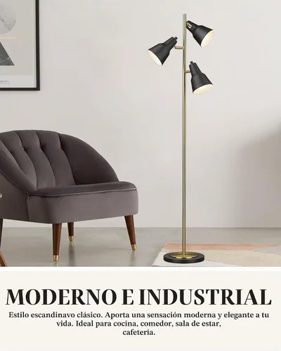 Vista 9 de ELYONA Lámpara de pie con árbol dorado con 3 luces giratorias ajustables, luces de pie industriales de poste alto de metal con 3 bombillas LED