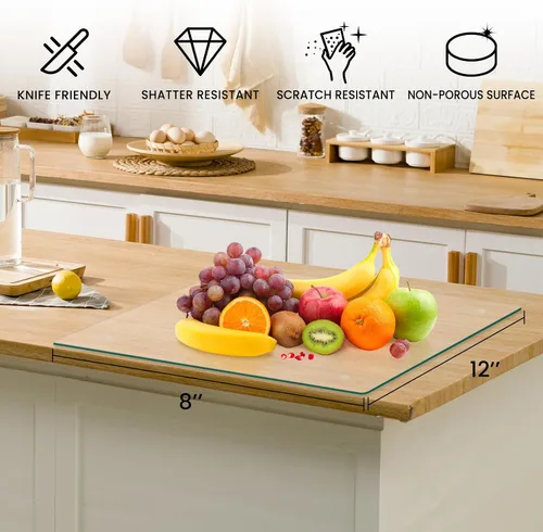 Vista 3 de Tabla de cortar de vidrio templado para cocina, tabla de cortar pequeña de vidrio de 12 x 8 pulgadas, tablas de cortar transparentes con pie