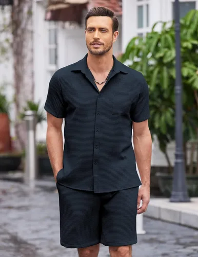 Vista 3 de COOFANDY Conjunto de 2 piezas para hombre camisa casual de manga corta y conjunto de playa corto de verano
