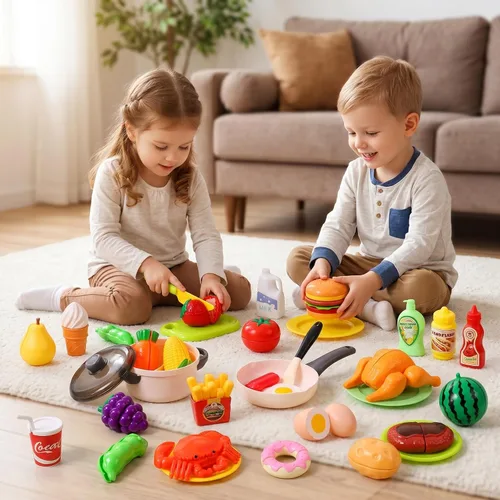 Vista 3 de HOLYFUN - Juego de juguetes de comida con cesta de la compra y frutas para cortar Includes toy pots, pans, plastic dishes and realistic food