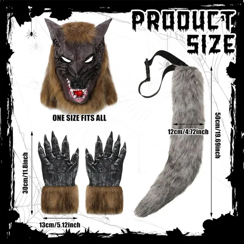 Vista 2 de Wettarn Disfraz de máscara de hombre lobo de Halloween para adulto, máscara de cabeza de hombre lobo, cola de lobo de piel sintética gris, guantes