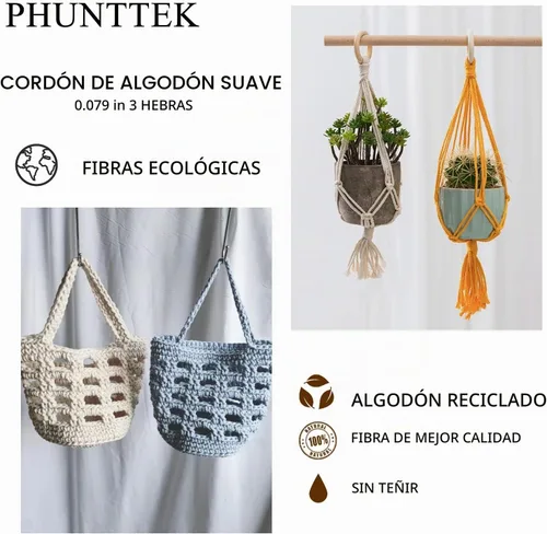 Vista 7 de PHUNTTEK Cordón de macramé de 0.079 in x 590 yardas, 18 rollos de cuerda de algodón natural, 3 soportes de cuerda de yute, cuerda suave, hilos