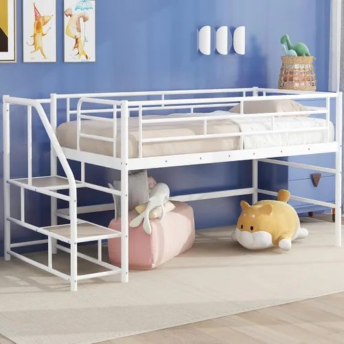 Vista 3 de Merax Base de cama baja de metal junior para niñas y niños, ahorro de espacio/fácil de montar, color blanco