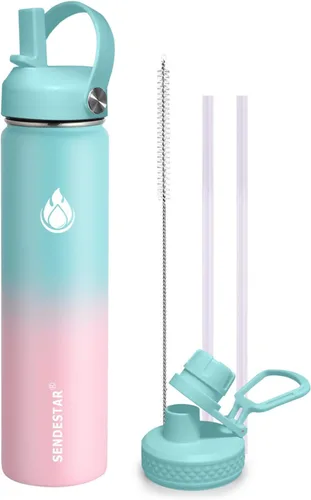 Vista 47 de SENDESTAR Botella de agua aislada de 24 onzas, boca ancha, botella de agua de 24 onzas con tapa con popote, tapa de boquilla, acero inoxidable
