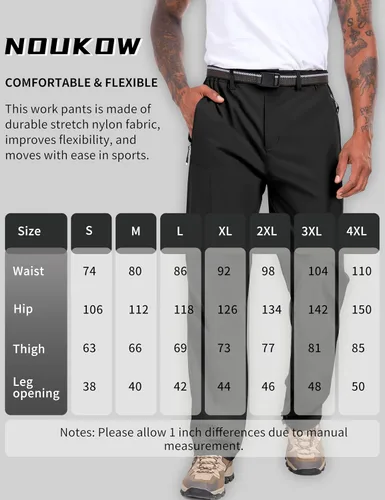 Vista 8 de NOUKOW Pantalones de senderismo para hombre, de secado rápido, ligeros, impermeables, elásticos, 6 bolsillos con cremallera y cinturón