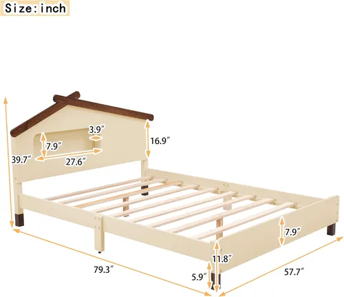 Vista 3 de Quarte Cama de plataforma de madera de tamaño matrimonial para niños con cabecera en forma de casa y luces nocturnas activadas por movimiento,