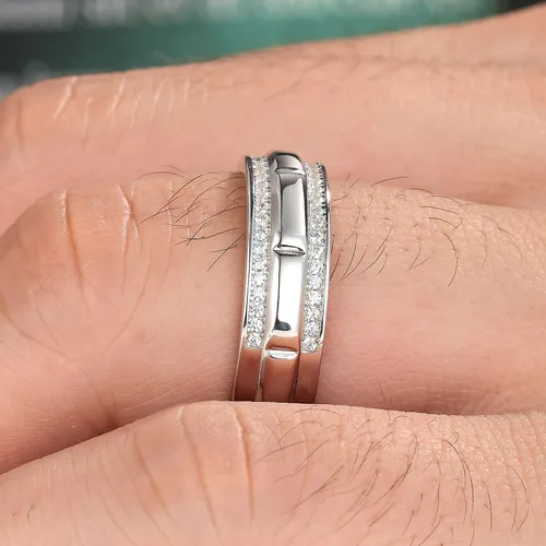 Vista 4 de Anillo de boda de oro blanco para hombre, plata de ley 925 con 13 circonitas cúbicas de corte redondo, anillo de compromiso para él, talla 7-14