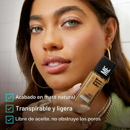 Vista 5 de Maybelline Fit Me Mate + Sin Poros Base Líquida Sin Aceite, Natural Buff, 1 Unidad (El Empaque Puede Variar)