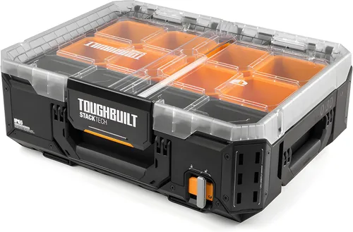 Vista 13 de ToughBuilt StackTech Bolsa de herramientas con cremallera de 11 pulgadas, sistema de bloqueo automático con apertura amplia, tela 1680D y base dura