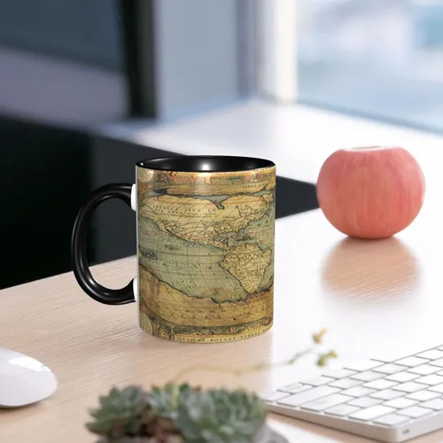 Vista 7 de Taza de café, tazas de porcelana con mapa del mundo, antiguo gráfico antiguo vintage del siglo XVI, 11 onzas, para bebidas calientes y todos