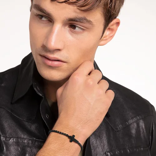 Vista 2 de Pulseras de cadena cruz para hombres y mujeres, pulseras de encantos de cruz de acero inoxidable plateado/negro para hombres, joyería de fe