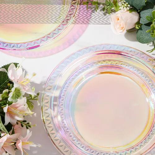Vista 8 de Supernal 120 platos de plástico iridiscente brillante, platos desechables para fiestas, día de San Valentín, día de la madre y Pascua, platos