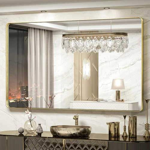 Vista 27 de TokeShimi Espejo de pared de baño de níquel cepillado de 20 x 30 pulgadas, marco de metal, esquina redonda, rectangular, para decoración del hogar