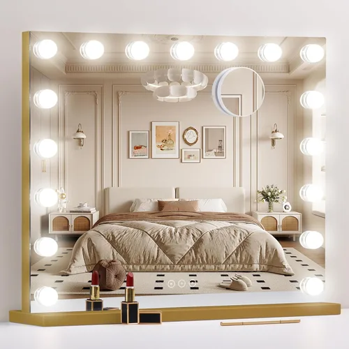 Vista 13 de Espejo de tocador con luces, espejo de maquillaje iluminado con bombillas LED regulables, 3 modos de iluminación de color, puerto de carga USB, Negro