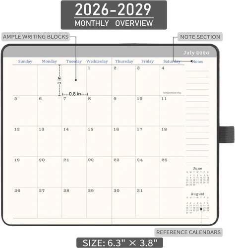 Vista 4 de Agenda mensual 2026-2029, planificador de 3 años con cubierta de piel sintética, julio de 2026 a diciembre de 2029, planificador de bolsillo pequeño