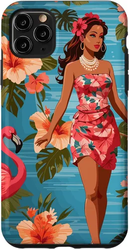 Vista 13 de iPhone 12 Pro Max Vintage Tiki Design - Funda hawaiana retro de flores hula y flamencos