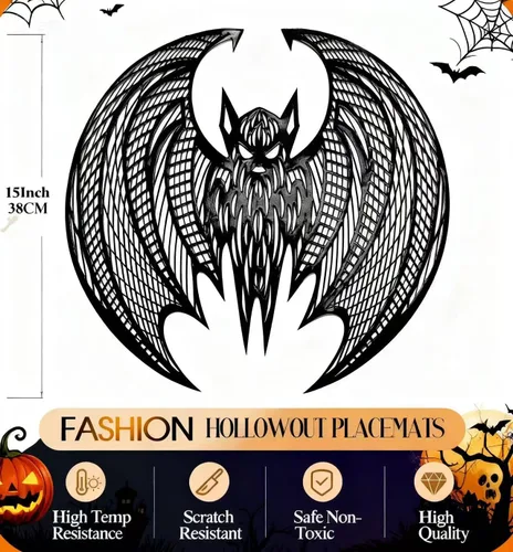 Vista 3 de Juego de 12 manteles individuales con forma de murciélago de Halloween, lavables, color negro, gótico, decoración de mesa para interiores
