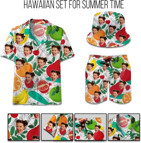 Vista 3 de Personalized Custom Face Tropical Unisex Hawaiian Shirt and Shorts Set with Bucket Hat S-5XL