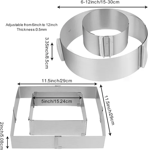 Vista 2 de 2 anillos de molde para pasteles de 6 a 12 pulgadas, molde ajustable para pastel, anillo circular de mousse de acero inoxidable y molde cuadrado