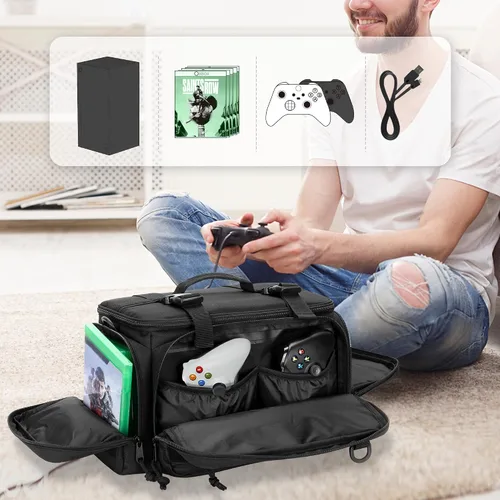 Vista 4 de Tactical Console Carrying Case Compatible with Xbox Series XS, Protective Travel Bag with Multiple Pockets for Controllers, Discs, Cables and Other