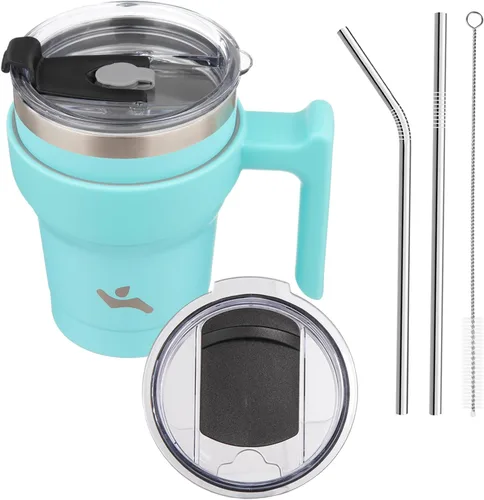 Vista 20 de Konokyo - Vaso de 10 onzas con asa y 2 popotes, 2 tapas, botella de agua aislada de acero inoxidable, taza de viaje reutilizable, color verde militar