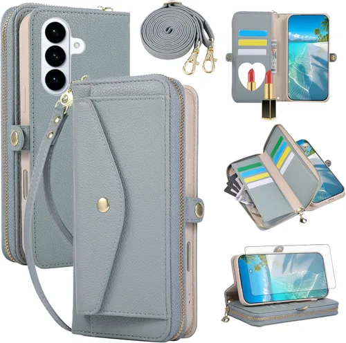 Vista 44 de Asuwish Funda de teléfono para Samsung Galaxy S23 5G con cremallera, funda para celular con protector de pantalla, correa para el hombro, espejo