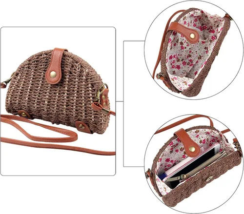Vista 6 de KUANG! Bolso cruzado de paja para mujer, bolso de hombro y mensajero, bolso de paja para playa para mujer