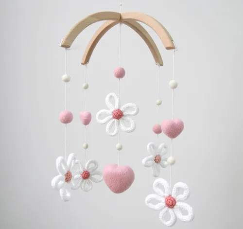 Vista 7 de Móvil Daisy para cuna Boho Baby Cuna móvil para niñas Rosa Fieltro Flor Bebé Móvil para Cuna