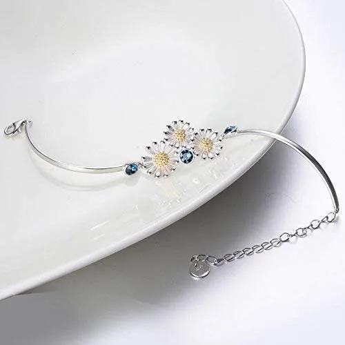 Vista 3 de YAFEINI Pulsera de plata de ley 925 con margaritas y flores para mujer, regalos de joyería, Plata Esterlina