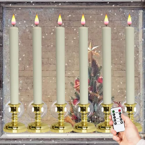Vista 11 de Velas de Ventana Sin Llama con Control Remoto y Temporizador, Velas LED Cónicas Operadas por Batería con Ventosas Juego de 6 Velas de Ventana de A-6