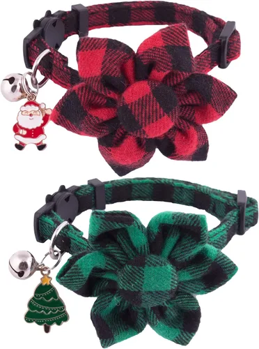 Vista 12 de PTDECOR Paquete de 2 Collares Navideños para Gatos, Collar de Gato Navideño con Corbatín y Campanilla Desmontables, Collares Navideños de Liberación