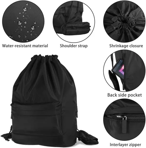 Vista 8 de Mochila deportiva ligera con cordón, mochila multiusos para viajes, para mujeres, hombres, gimnasio, deportes, yoga, Negro -, Mochilas Daypack