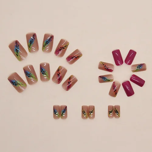 Vista 3 de 24 piezas de uñas postizas medianas cuadradas de ataúd, uñas postizas de cobertura completa, uñas postizas brillantes con diseños, uñas acrílicas