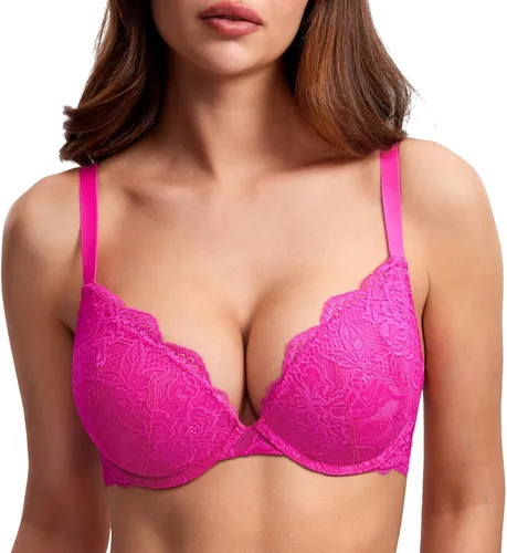 Vista 21 de DOBREVA - Brasier de encaje con efecto push up para mujer, con aros, con inmersión, cobertura completa, sexy, talla grande, con soporte Beige
