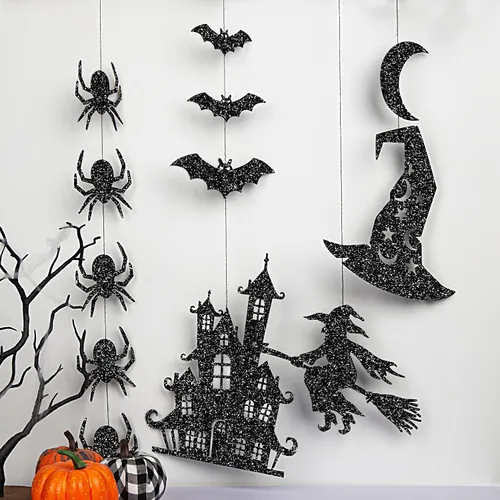 Vista 3 de Guirnalda colgante de Halloween negra con purpurina, fantasmas, brujas, murciélagos, arañas, casa encantada, gato y más, suministros de fiesta