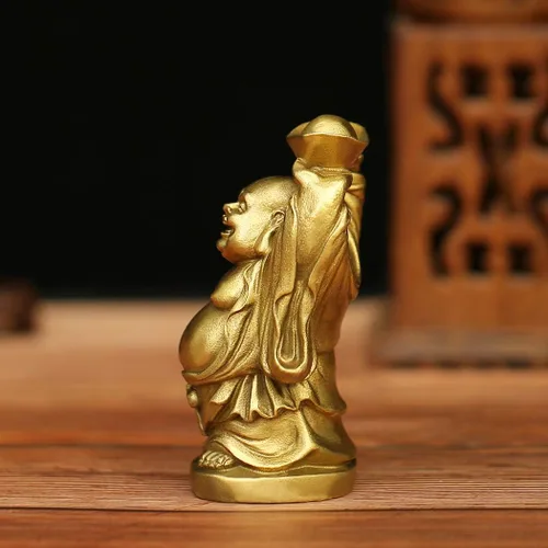 Vista 6 de BRASSTAR Adorno de latón Feng Shui Estatua de Buda riendo sosteniendo lingote bolsa de dinero para oficina en casa Figura decorativa Atrae riqueza