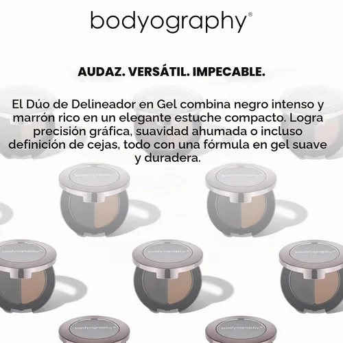 Vista 2 de Bodyography Delineador de ojos de gel Duo - Bandeja dividida aterciopelada negra y marrón Fórmula de deslizamiento suave para líneas precisas